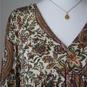 Zara Brown and Gold V-Neck Bishop Sleeve Dress Paisley Boho